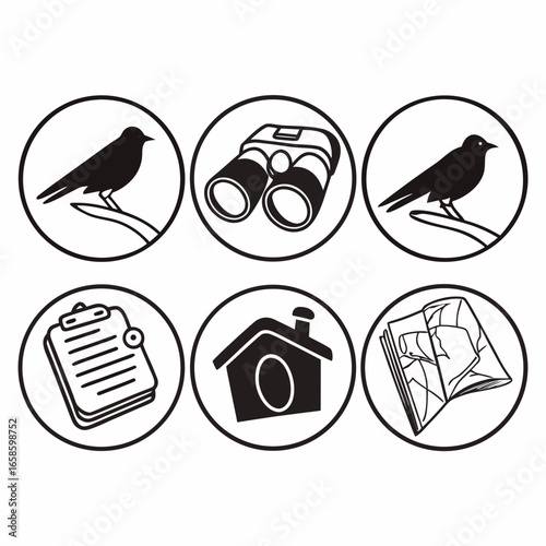 Bird, binoculars, clipboard, house, and map for outdoor adventures isolated on white background