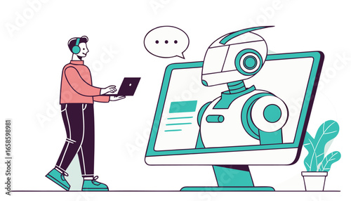 Futuristic man interacting with ai chatbot and computing technology