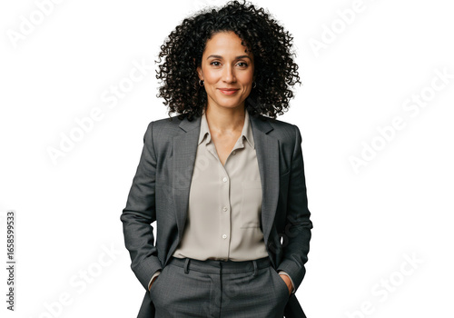 Confident businesswoman with curly hair standing with hands in pockets isolated on transparent background