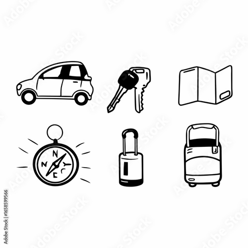 Hand drawn illustration of car, key, map, compass, lock, and suitcase isolated on white background