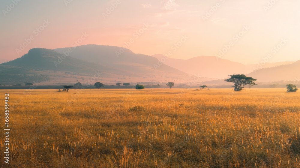 Obraz premium Golden African savanna landscape at sunrise 