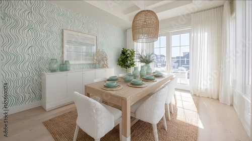 Airy beachside dining room main wall covered with cream and mint green wave pattern wallpaper very close wall perspective light wood dining table white slipcove.