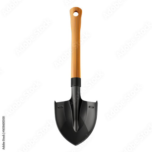 Shiny metal shovel with wooden handle for digging, gardening