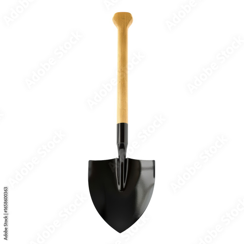 Black metal shovel with wooden handle for digging, gardening, farming