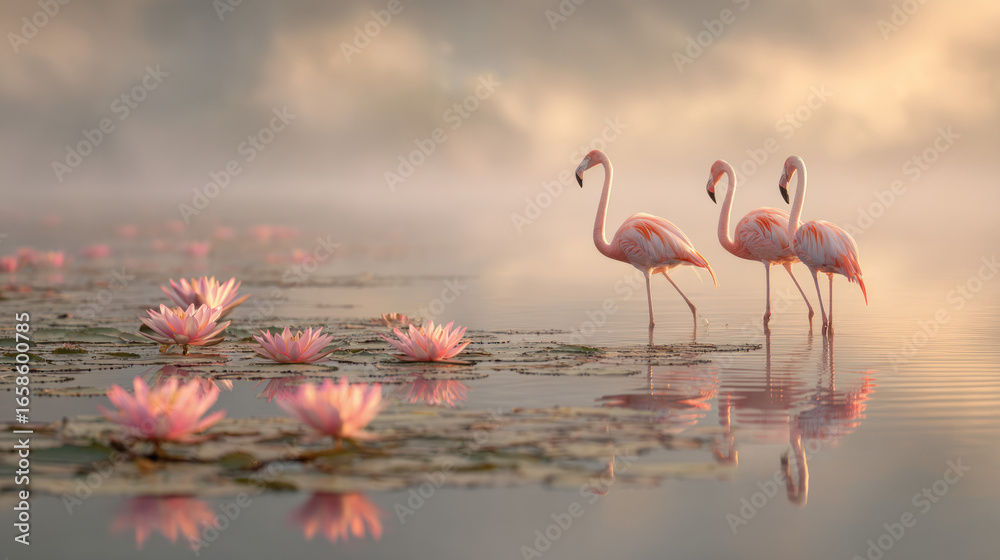 Obraz premium Flamingos standing in lotus pond at sunrise mist 