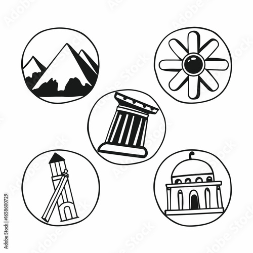 Illustration of historical landmarks and architectural monuments isolated on white background