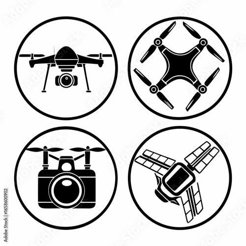 Black and white drone icons featuring camera and propellers isolated on white background