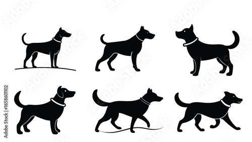 Collection of Dog Silhouettes in Various Poses Representing Canine Movement and Form