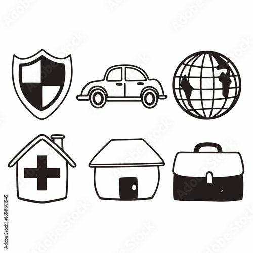 Hand drawn doodle set of insurance icons isolated on white background representing various aspects of coverage