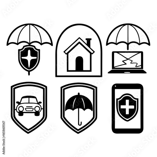 Hand drawn doodle set of insurance icons isolated on white background representing various aspects of coverage