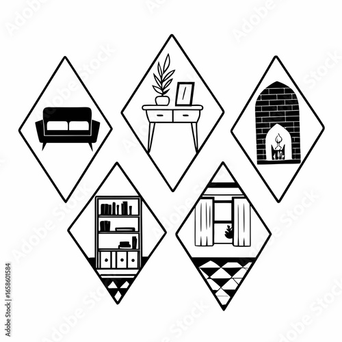 Collection of home interior icons in diamond frames isolated on white background