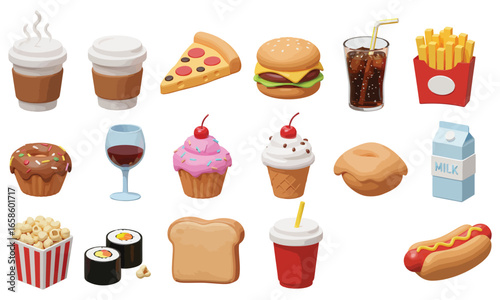 A fast food icon set of delicious cartoon illustrations, including burgers, sandwiches, drinks, and desserts for restaurants