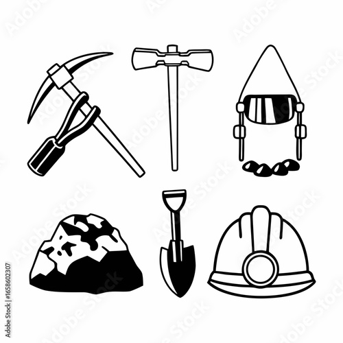 Illustration of mining tools and equipment isolated on white background, including pickaxe, shovel, and helmet