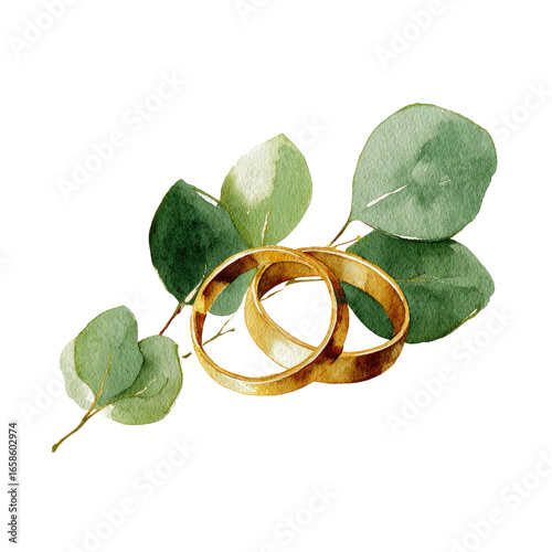 Two gold wedding rings nestled amongst soft green eucalyptus leaves (1)