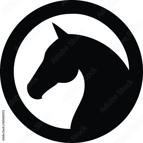 Horse Head Black Silhouette Vector Facing Left Inside Circle Outline Icon for Logo, Equestrian Club, Ranch, Animal and Tattoo