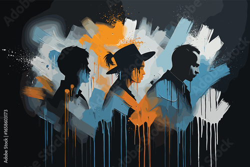 A colorful poster with four silhouettes of people running. The poster is titled "Run". The poster has a graffiti-like style and he is a part of a larger piece of artwork