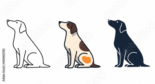 Three dogs sitting and looking up, different colors and styles.