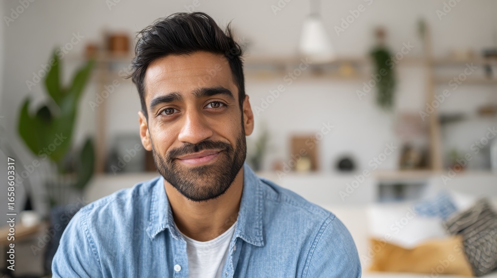 Obraz premium headshot portrait of attractive confident indian hispanic man with toothy smile looking at camera at modern living room latin businessman posing in casual stylish look at home office no logos no bran