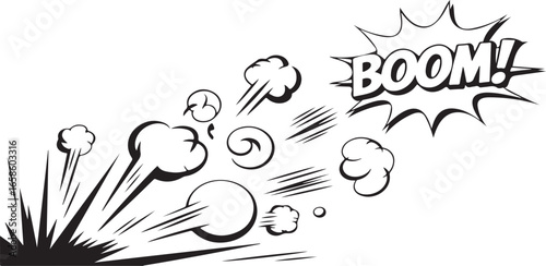 This dynamic black and white graphic depicts a powerful explosion, complete with swirling smoke, speed lines, and a large "BOOM!" graphic.