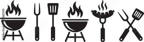 BBQ grill icon set. Barbecue, bar-b-q, spatula, grill fork, picnic, fire - stock vector.
