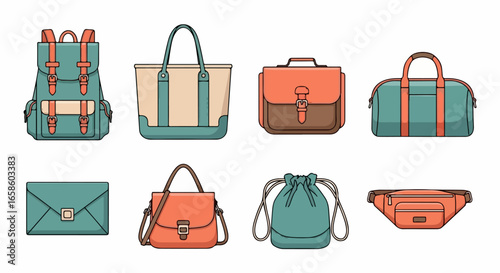 Collection of Various Stylish Bags and Purses in Different Shapes and Colors.