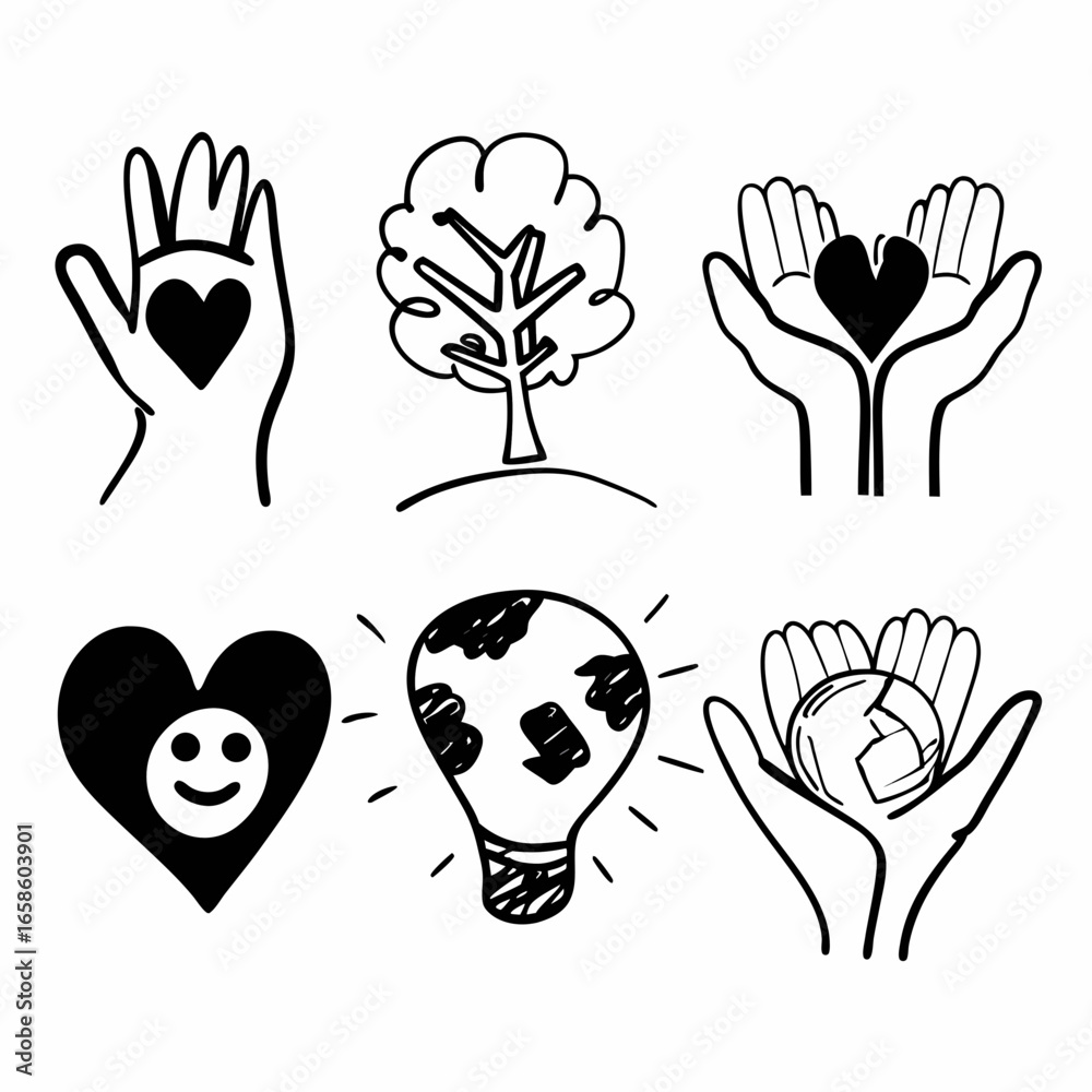 Fototapeta premium Illustration of hands and hearts representing care, love, and support for the world, isolated on white background