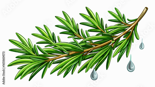 Fresh rosemary sprig with water droplets on dark needles against white background, aromatic culinary herb macro photography for cooking and food .white background