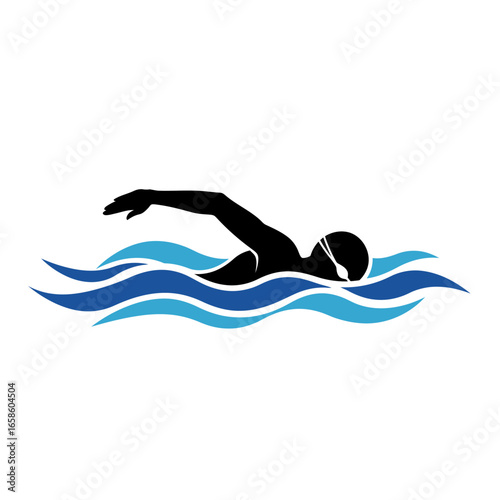 Silhouette of a freestyle swimmer in motion with blue water waves, vector sport icon
