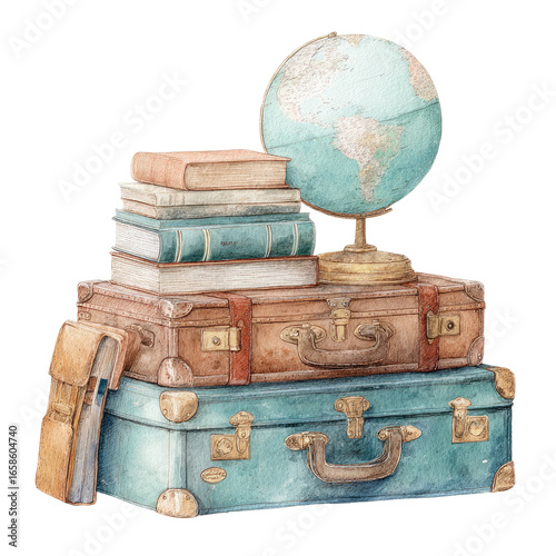 Vintage suitcases, books, and a globe. Watercolor illustration of stacked suitcases, filled with books, and topped by a globe.  Muted colors and soft details create a nostalgic travel theme