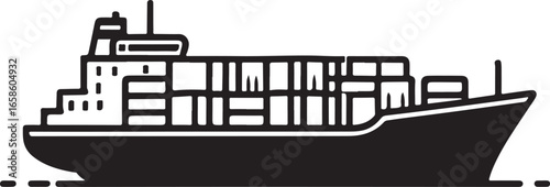 Black and white illustration of a cargo ship carrying containers container ship freight ship