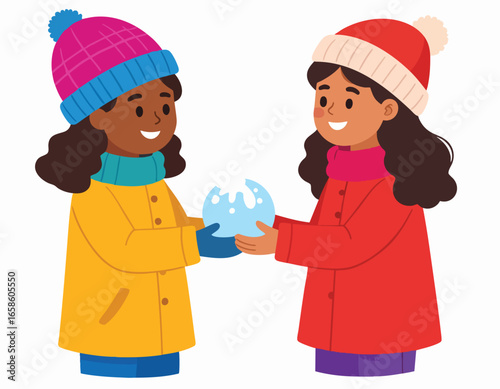 Two children in winter hats and coats sharing a snowball.