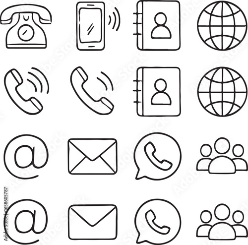 Communication and contact icons in doodle style Keywords: phone, smartphone, globe, earth, email