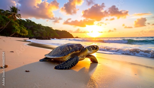 Turtle on beach at sunrise