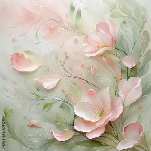 Watercolor floral abstract background with delicate soft pastel pink and green hues