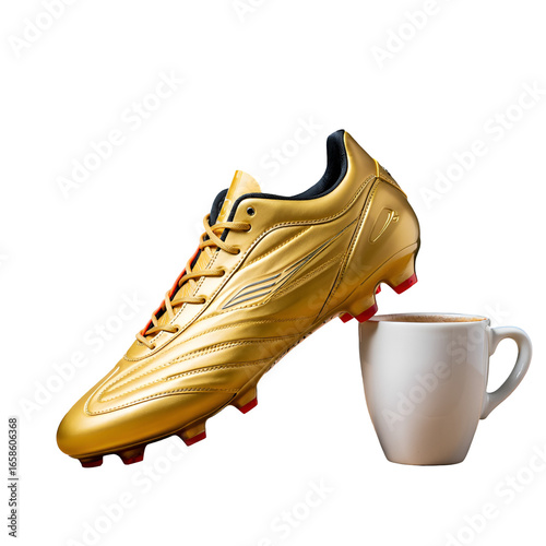 Golden soccer cleat with ceramic coffee mug in elegant still life composition, detailed photorealistic sports and lifestyle concept with cinematic studio lighting