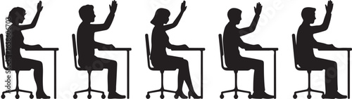 Children raising hands in classroom silhouette. Teacher teaching pupils illustration isolated on white background 
