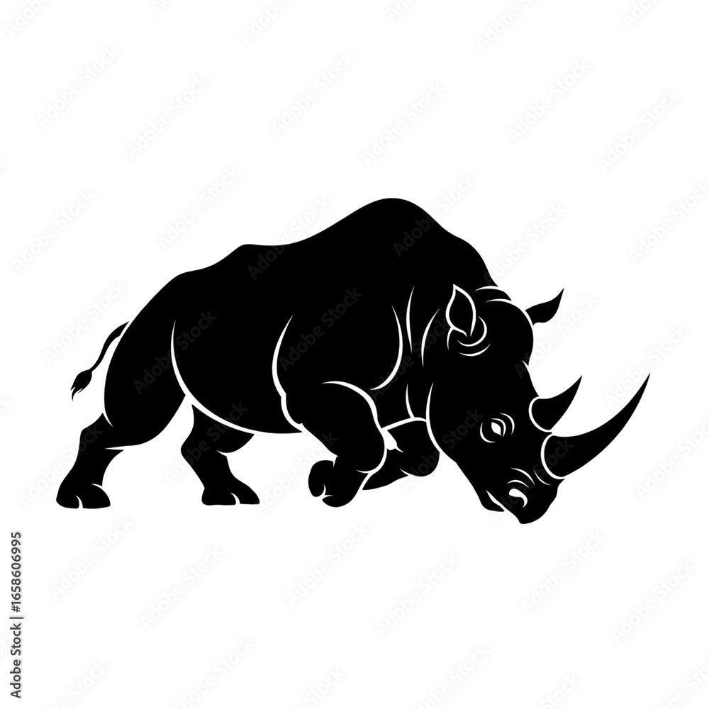 Fototapeta premium Stylized Rhino Silhouette: A powerful, black-and-white vector illustration of a charging rhinoceros with a dynamic pose and thick, bold lines