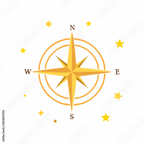 Golden compass rose with sparkling stars for travel navigation and guidance