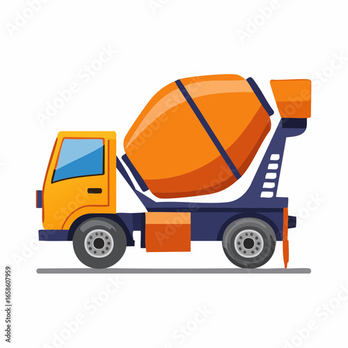 Bright orange concrete mixer truck with blue accents on a gray surface isolated