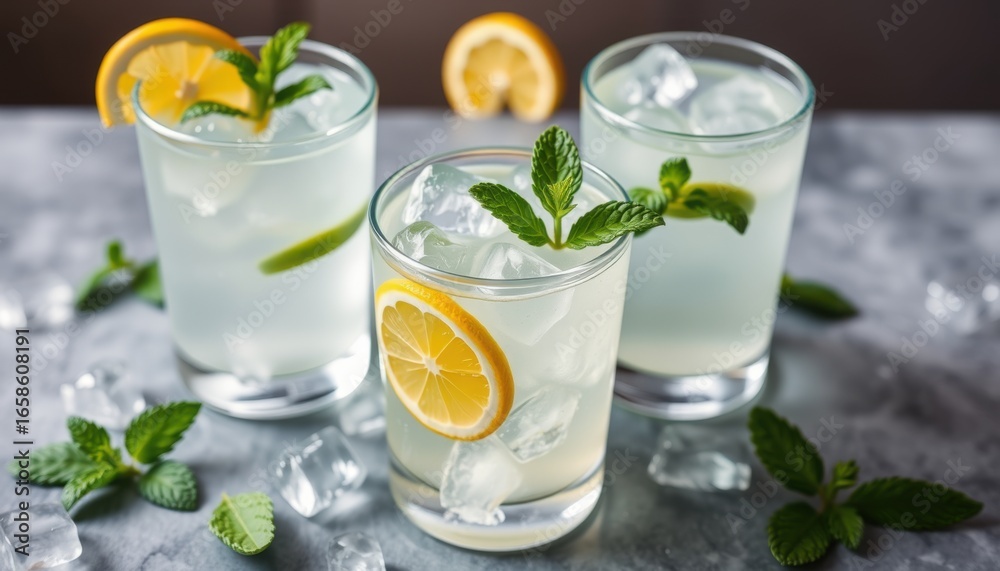 Refreshing tall glasses filled with ice cold lemonade garnished with lemon slices and mint leaves Refreshing tall glasses filled with ice cold lemonade garnished with lemon slices and mint leaves