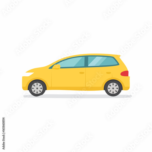Vibrant Yellow Hatchback Car Side View Flat Design Illustration. Modern Compact Urban Vehicle