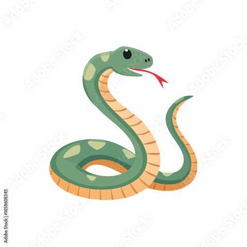 Cute cartoon green snake with a red tongue and light green spots
