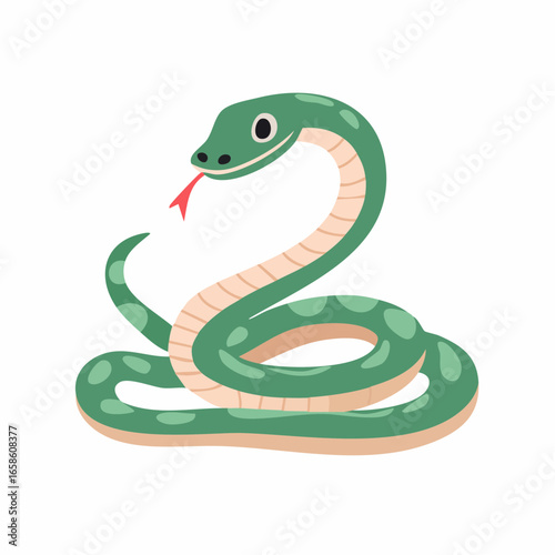 Cute Green Snake Illustration with Red Tongue, Isolated on White Background