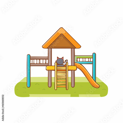 Cartoon cat playing on a colorful playground, slides and ladders, vector illustration