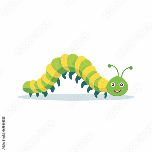 Adorable Green Yellow Caterpillar Smiling Cartoon Style Bug Wiggling