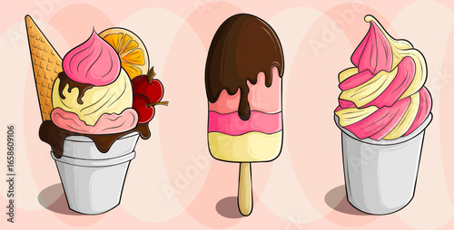 Cartoon Ice Cream Illustration – Sundae, Popsicle, and Soft Serve Dessert Vector