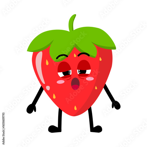 Cute Hand Drawn Sleepy Strawberry with Heavy Eyes