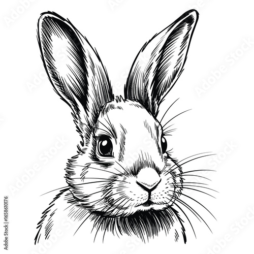 Black and white ink sketch of a rabbit head with detailed fur texture, expressive eyes, and hand-drawn line work