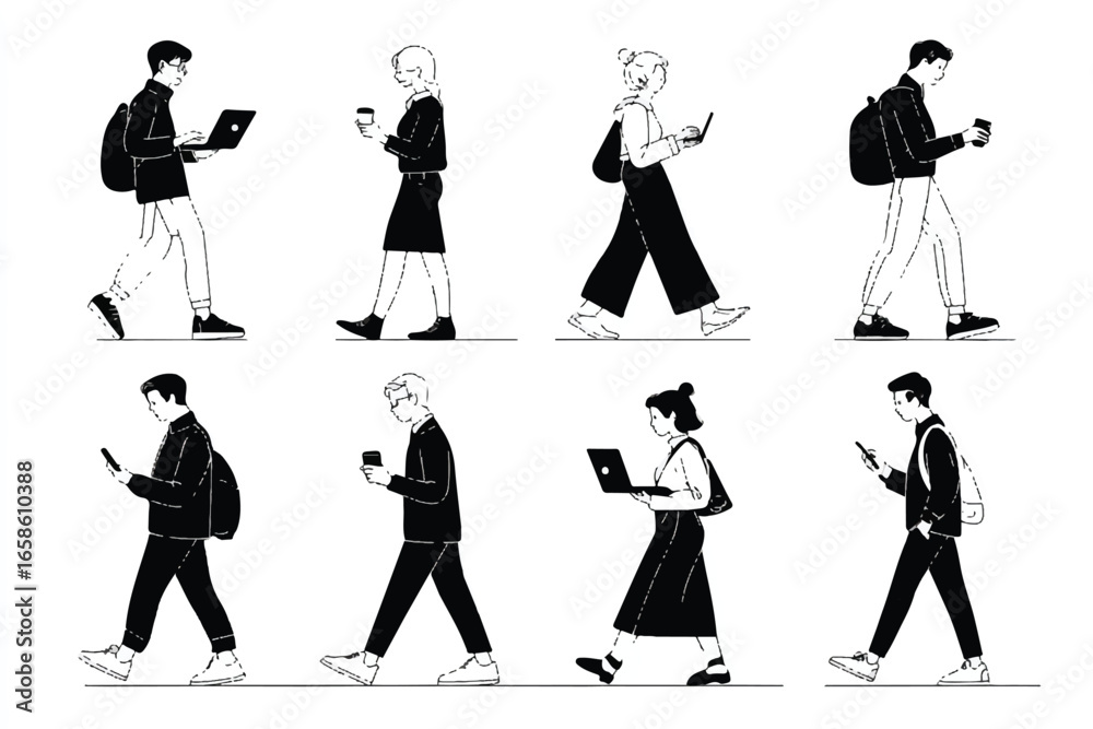 Obraz premium Diverse group of people walking using technology and drinking coffee in black and white line art illustration