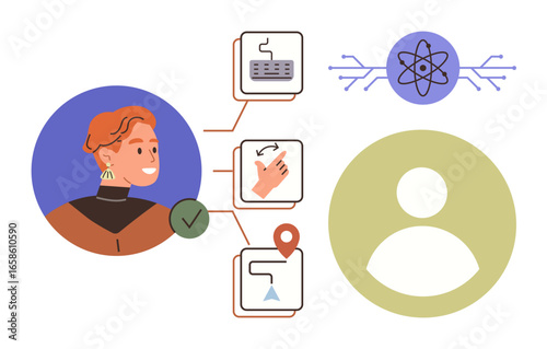 Young individual checking tasks, interacting with technology. Map pin, automation icon show digital workflow. Ideal for productivity, automation, planning, technology, goal-setting teamwork